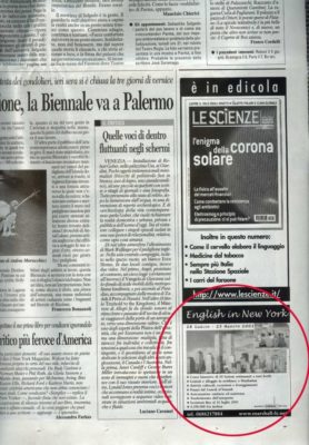 The group program "English in New York" published in Corriere della Sera, 2001.