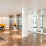 The lobby in a student residence in London