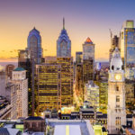 Panoramic view at sunset of the Philadelphia skyline, United States of America
