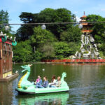 English in York students ride pedal boats at Peasholm Park in Scarborough